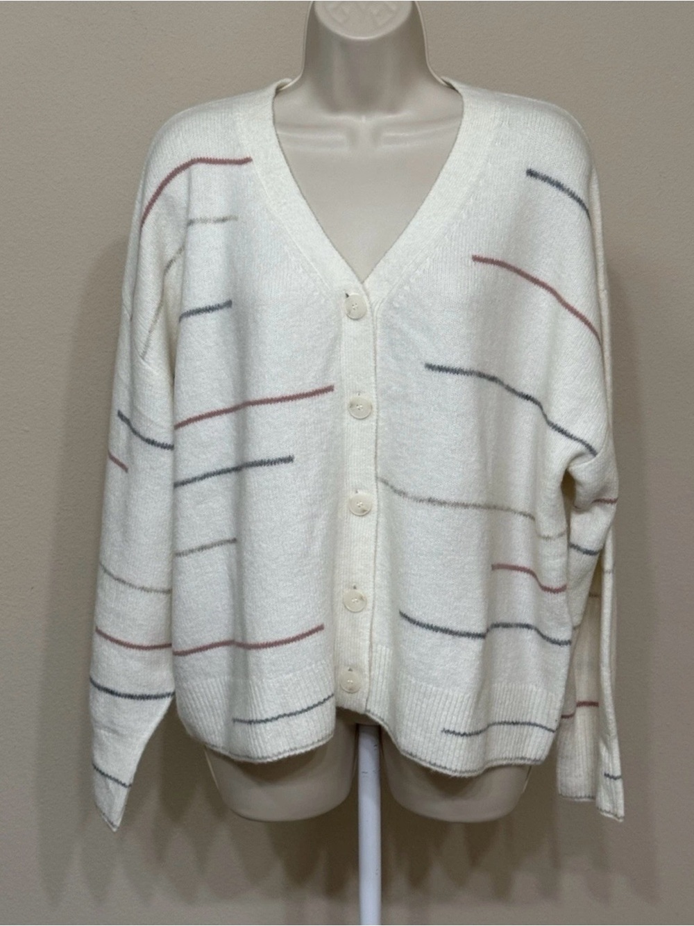 Splendid Collection Women’s Ivory Striped Button Up Long Sleeve Knit Cardigan L